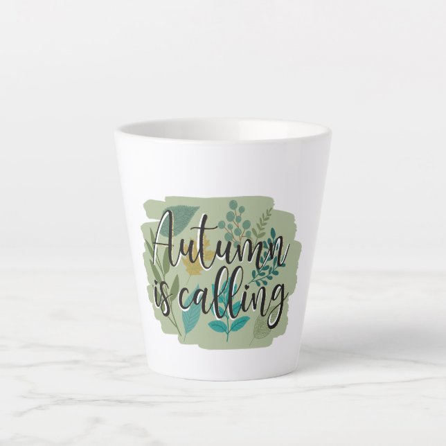 Autumn Is Calling –Fall Leaves on a Green Backdrop Latte Mug (Front)