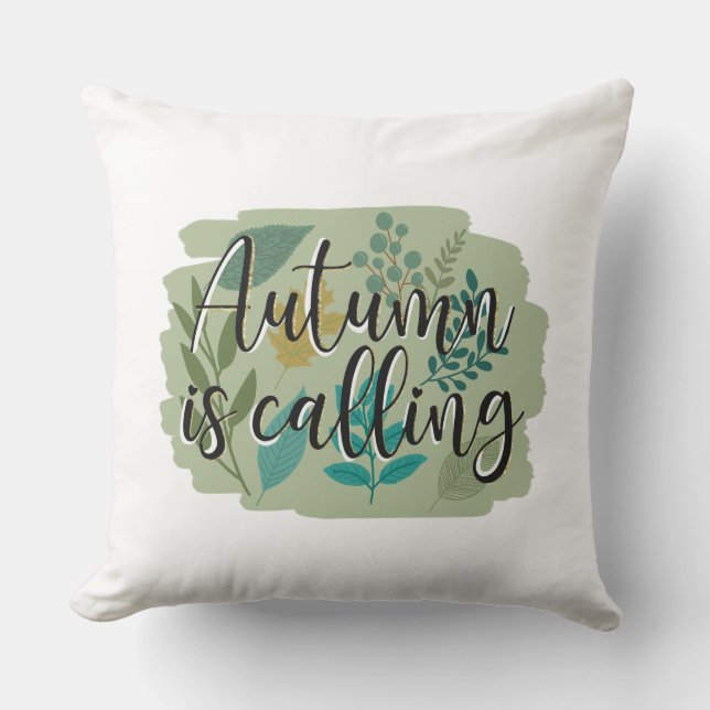 Autumn Is Calling –Fall Leaves on a Green Backdrop Throw Pillow (Front)