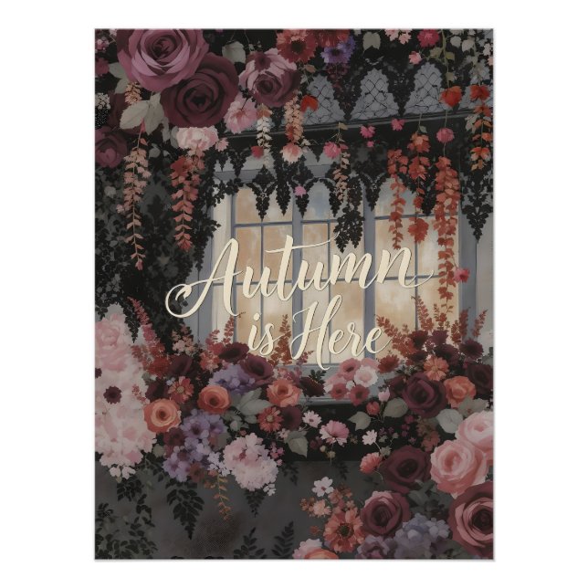 Autumn Is Here Floral Window Typography Art Poster (Front)