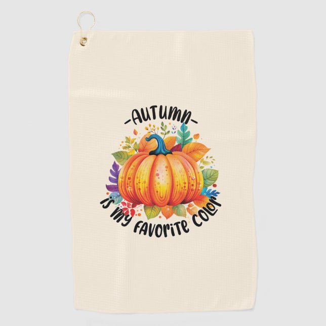 Autumn Is My Favourite Colour – Pumpkin and Leaves Golf Towel (Front)