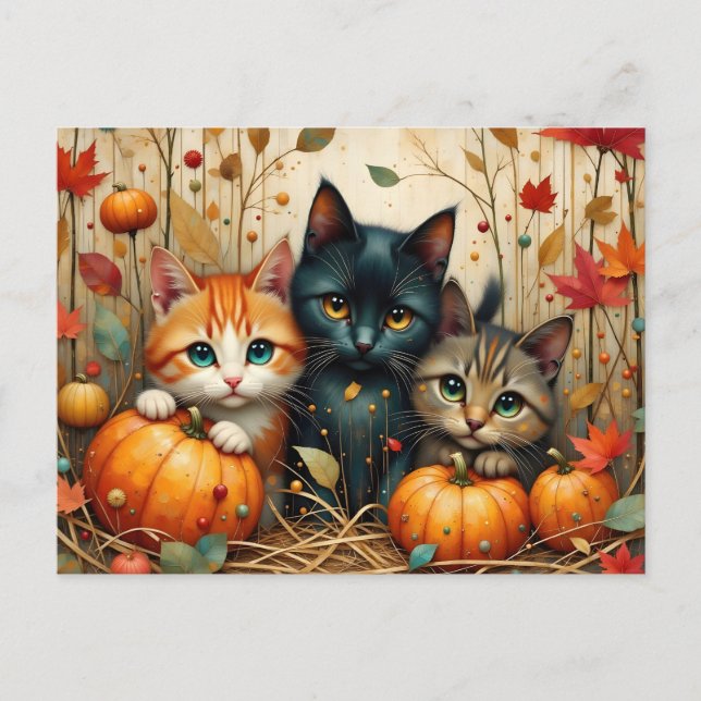 Autumn Kittens Pumpkins and Foliage Holiday Postcard (Front)