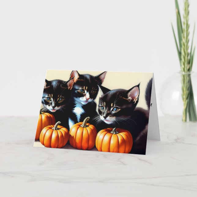 Autumn Kittens with Pumpkins Holiday Card (Front)
