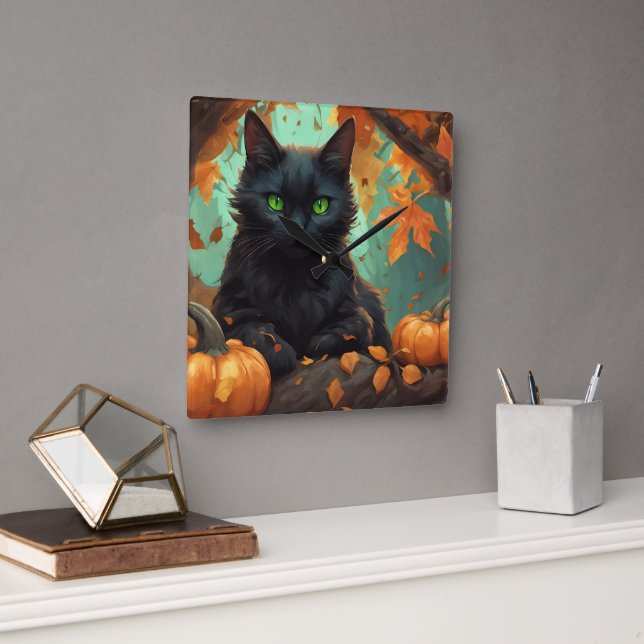 Autumn Kitty Square Wall Clock (Office)