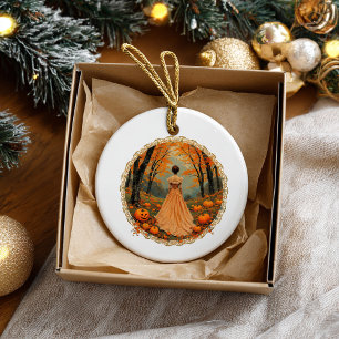 Autumn Lady in Pumpkin Forest Doily Ceramic Ornament