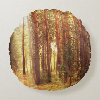 autumn landscape background, sun rays in the fores round pillow