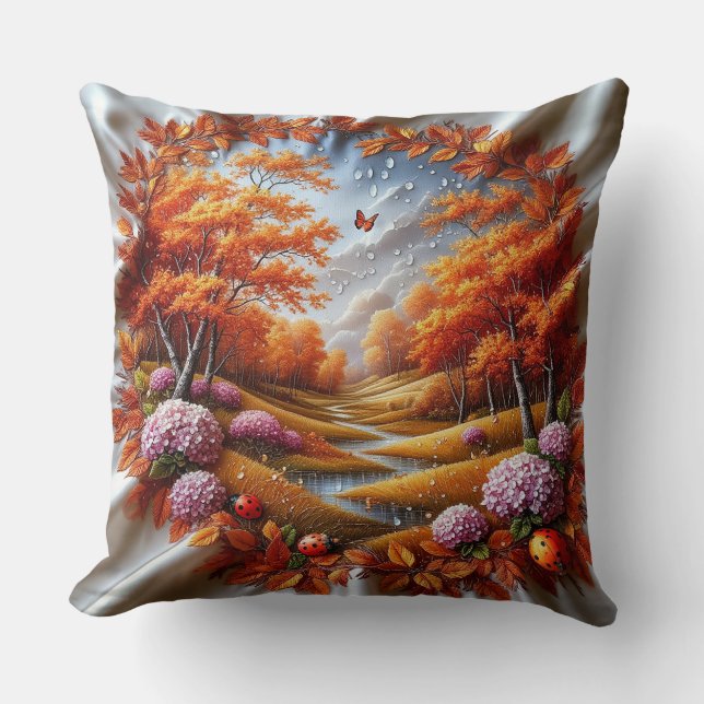 Autumn Landscape Decorated with Hydrangeas Throw Pillow (Front)