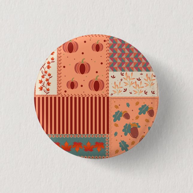 Autumn Leaf Acorn Patchwork Pattern Art 1 Inch Round Button (Front)