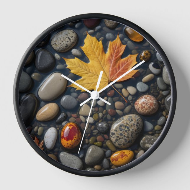 Autumn Leaf and Natural Pebbles - Minimalist Natur Clock (Front)