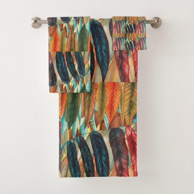 autumn leaf colours original stylized modern art bath towel set (Insitu)