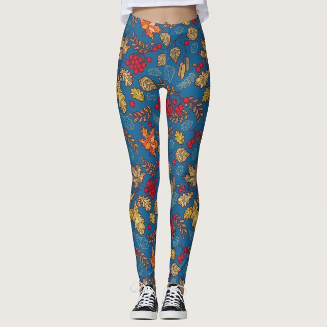 Autumn Leaf Foliage Blue Leggings (Front)