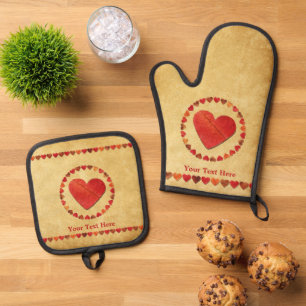 Autumn Leaf Hearts On Old Paper Oven Mitt & Pot Holder Set