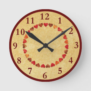 Autumn Leaf Hearts On Old Paper Round Clock