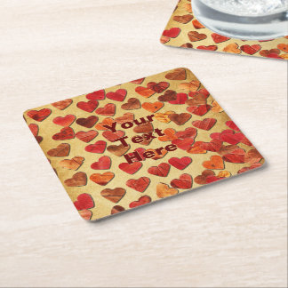 Autumn Leaf Hearts On Old Paper Square Paper Coaster