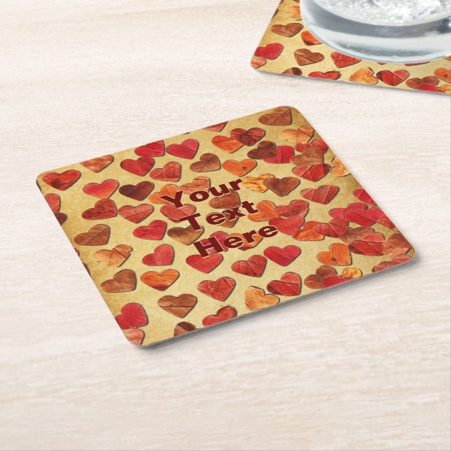 Autumn Leaf Hearts On Old Paper  Square Paper Coaster (Angled)