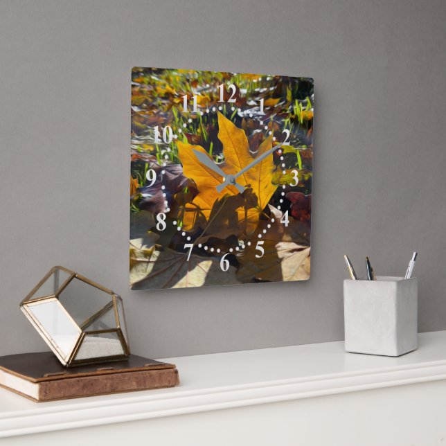 Autumn leaf in the sun square wall clock (Office)