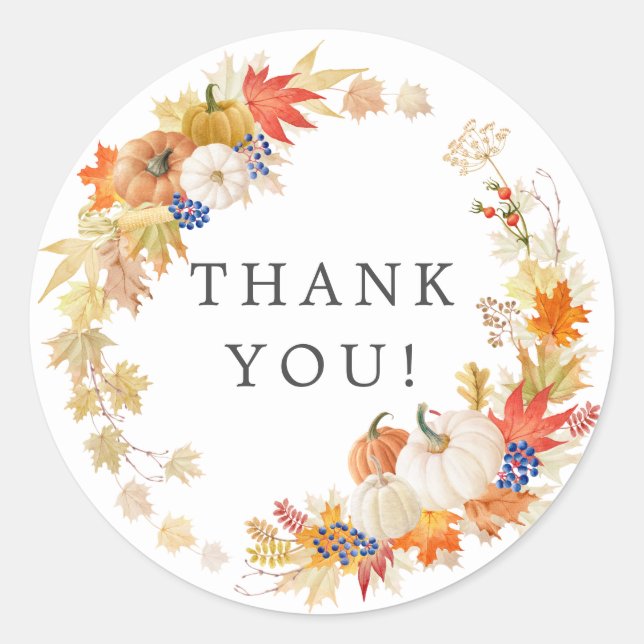 Autumn Leaf Pumpkin Shower Thank You Favour Sticke Classic Round Sticker (Front)