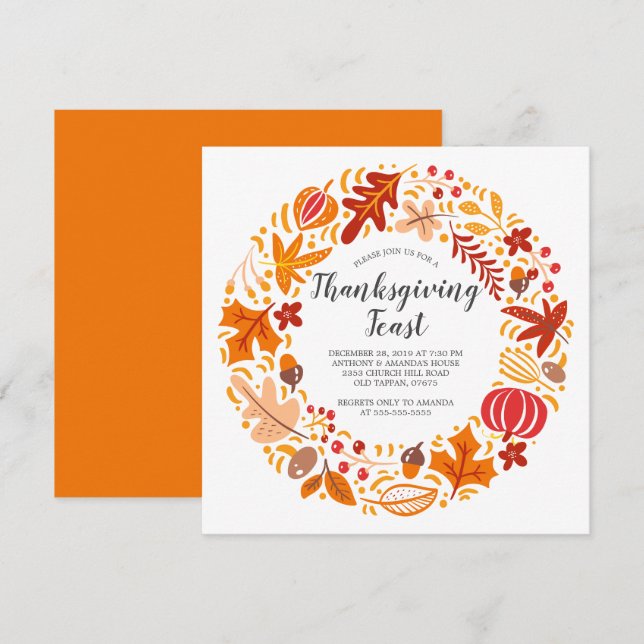 Autumn Leaf Wreath Thanksgiving Invitation (Front/Back)