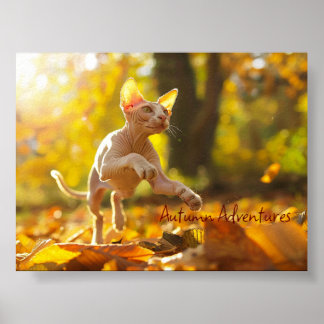 Autumn Leap: Playful Sphynx Cat Poster