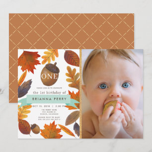 Autumn Leaves Acorn Watercolor Photo 1st Birthday Invitation