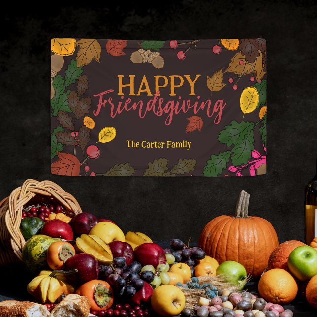 Autumn Leaves Acorns Berries Happy Friendsgiving Banner (Creator Uploaded)