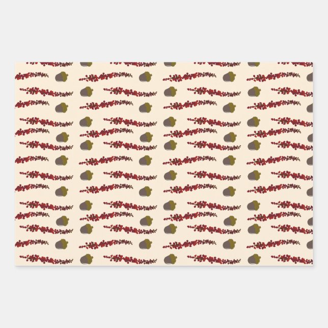 Autumn leaves and acorns wrapping paper sheet (Front)