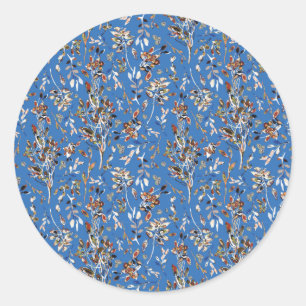 Autumn Leaves And Berries Blue Pattern Classic Round Sticker