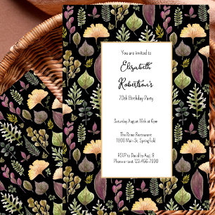 Autumn Leaves and Ferns on Black 70th Birthday Invitation