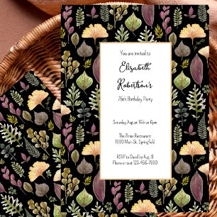 Autumn Leaves and Ferns on Black 75th Birthday Invitation