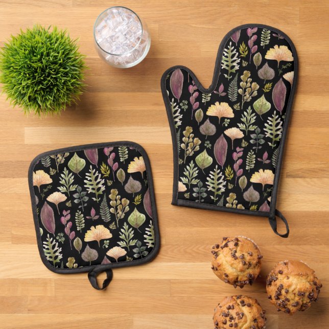 Autumn Leaves and Ferns on Black Oven Mitt & Pot Holder Set (Top Down)