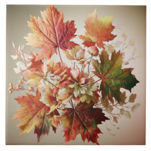 Autumn Leaves and Flowers in Fall Bouquet Art Tile