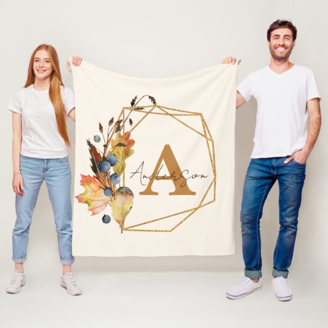 Autumn leaves and gold frame personalized  fleece blanket (In Situ)