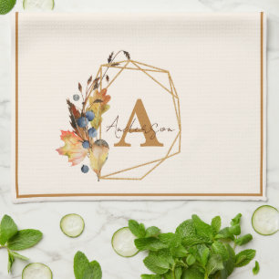 Autumn leaves and gold frame personalized  kitchen towel