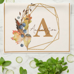 Autumn leaves and gold frame personalized kitchen towel
