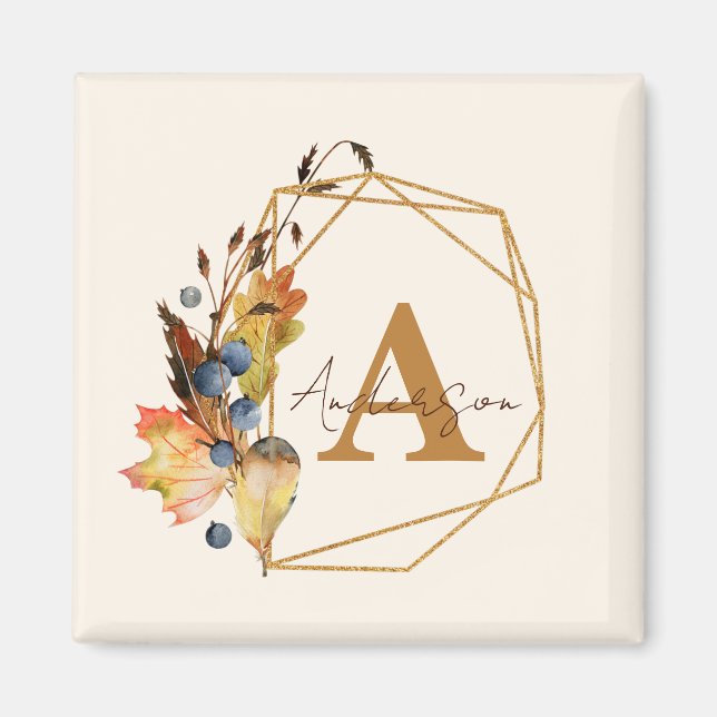 Autumn leaves and gold frame personalized  magnet (Front)