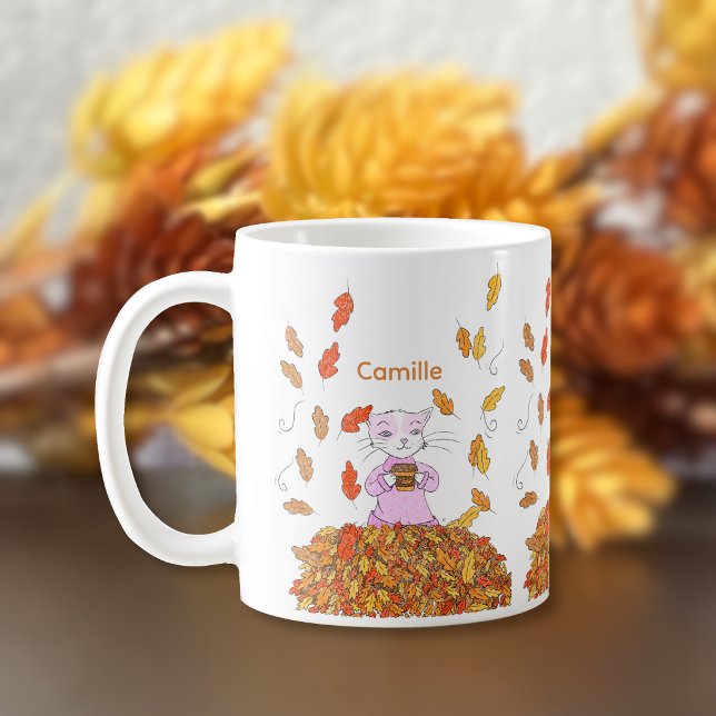 Autumn Leaves and Graceful Cat Personalized Mug (Cute personalized mug for cat lovers . )
