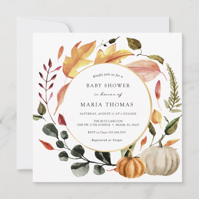 Autumn Leaves and Pumpkin Baby Shower Invitation (Front)