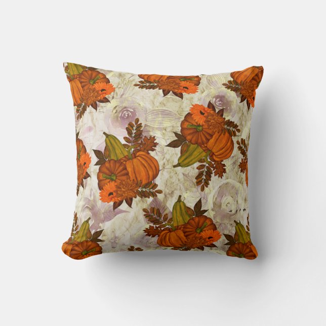 Autumn Leaves and Pumpkin Fall Pattern Throw Pillow (Front)