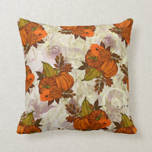 Autumn Leaves and Pumpkin Fall Pattern Throw Pillow