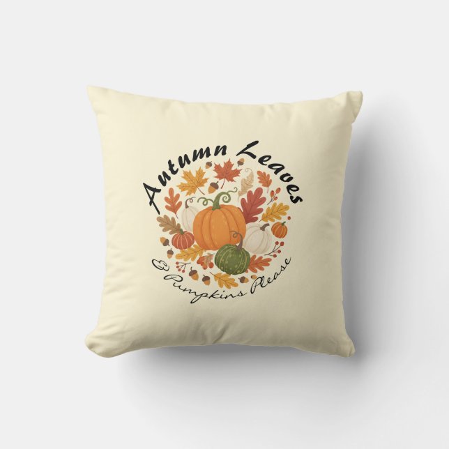 Autumn Leaves and Pumpkins – Cozy Light Fall Throw Pillow (Front)