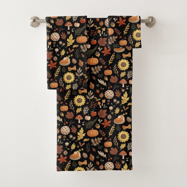 Autumn Leaves and Pumpkins in Black Thanksgiving Bath Towel Set (Insitu)