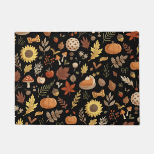 Autumn Leaves and Pumpkins in Black Thanksgiving Doormat