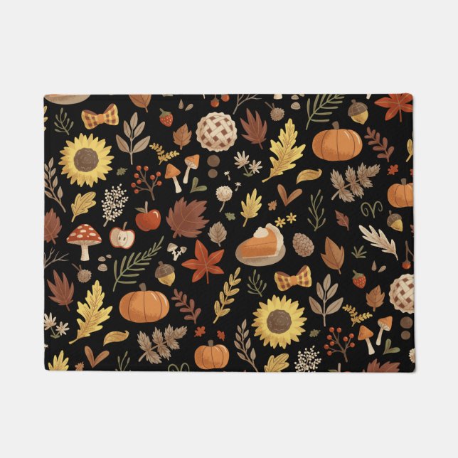 Autumn Leaves and Pumpkins in Black Thanksgiving Doormat (Front)