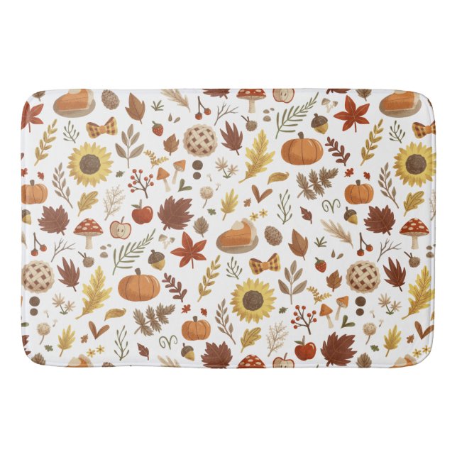 Autumn Leaves and Pumpkins in White Thanksgiving Bath Mat (Front)