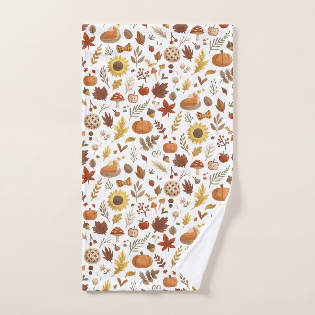 Autumn Leaves and Pumpkins in White Thanksgiving Hand Towel (Hand Towel)