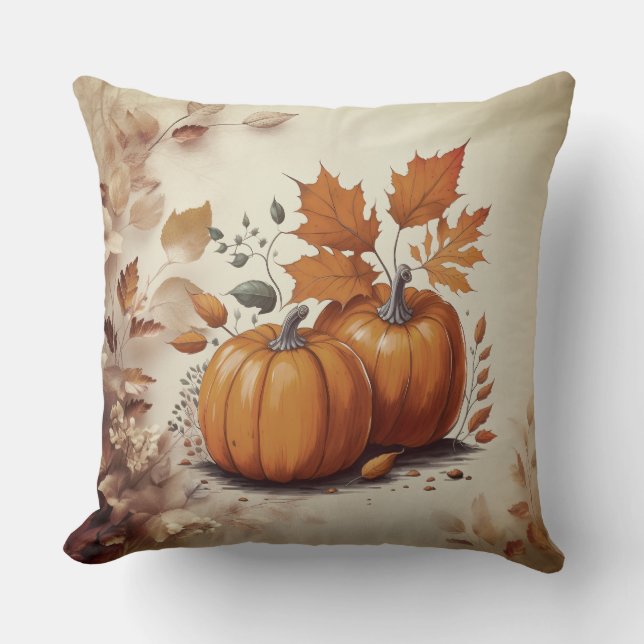 Autumn Leaves and Pumpkins Throw Pillow (Front)