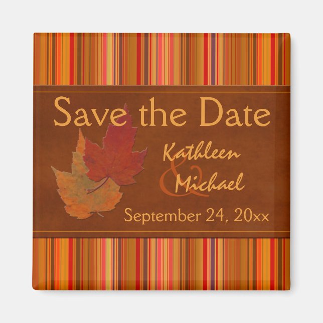 Autumn Leaves and Stripes Save the Date Magnet (Front)