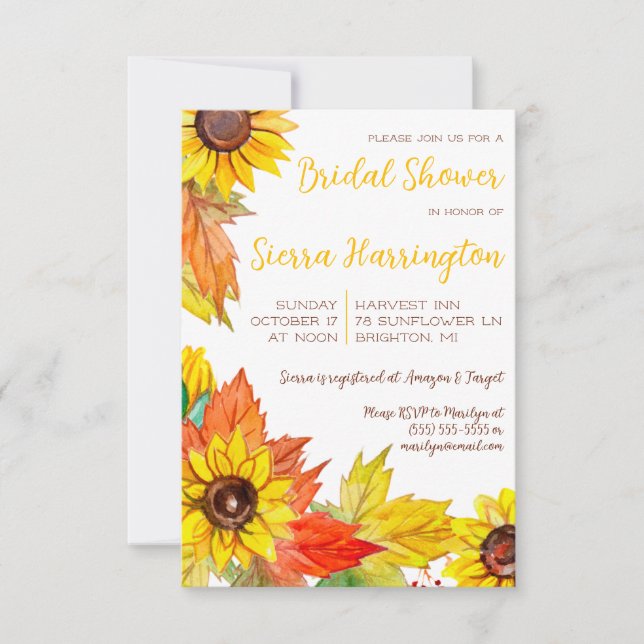 Autumn Leaves and Sunflowers, Fall Bridal Shower Invitation (Front)