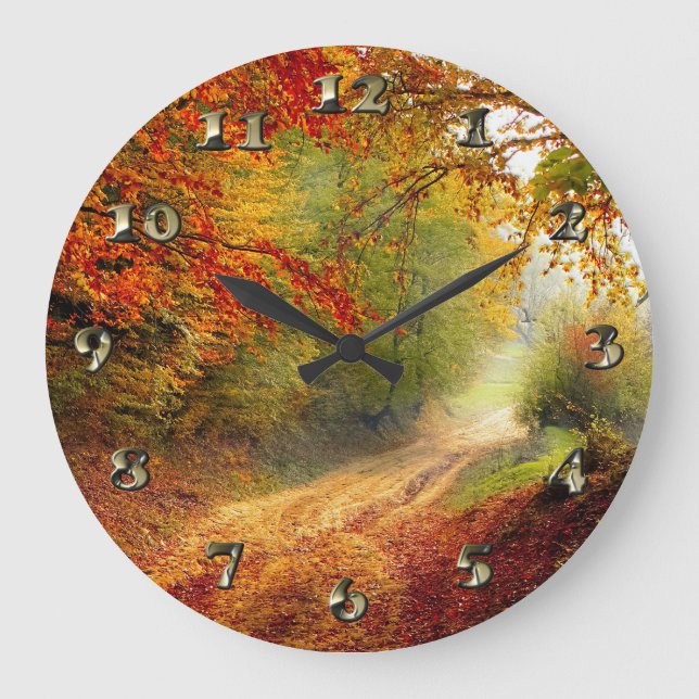 Autumn Leaves and Trees Covering Dirt Road Large Clock (Front)