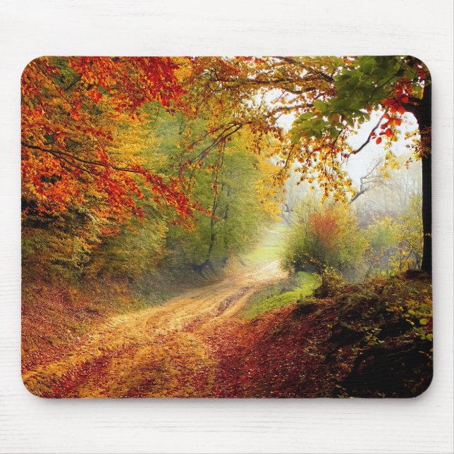 Autumn Leaves and Trees Covering Dirt Road Mouse Pad (Front)