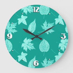 Autumn leaves - aqua and turquoise large clock